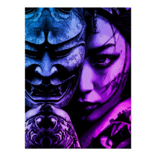 Póster Retrato Realista de Mulher Japonesa Mascarada com