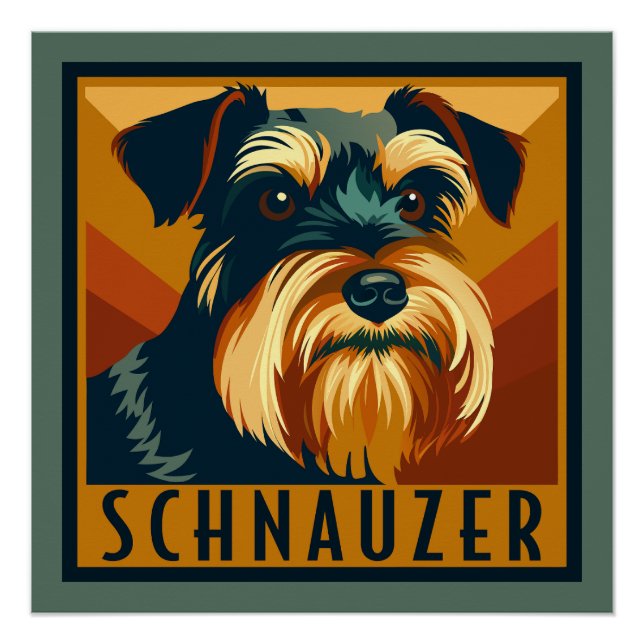 Póster Retrato Retro de Schnauzer Preto e Prateado (Frente)