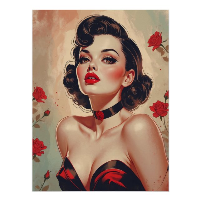 Póster Retrato Rosa vermelha Pin-Up Brunette (Frente)