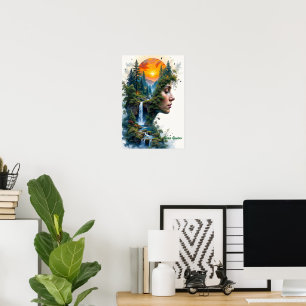 Poster Retrato Surreal da Natureza Mulher Pôr do Sol Cach