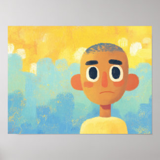 Poster Retrato Texturizado Melancólico em Azul e Dourado