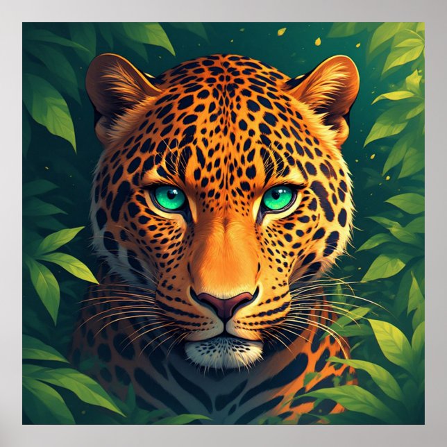 Poster Retrato Vibrante de Leopardo com Olhos Esmeralda (Frente)