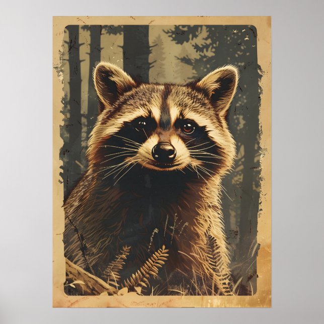 Poster Retrato Vintage do Raccoon (Frente)