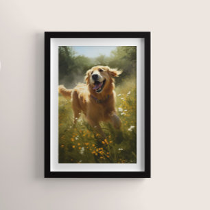 Poster Retriever de ouros em um campo iluminado por sol