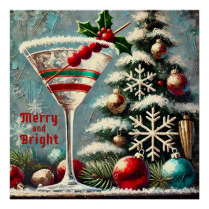 Póster Retro 50s Cranberry Snowflake Martini de Natal