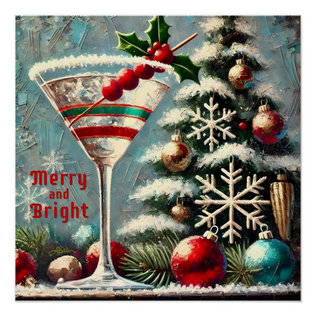 Póster Retro 50s Cranberry Snowflake Martini de Natal (Frente)