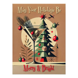 Póster Retro 50s Jet Set Coquetel da Árvore de Natal