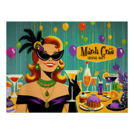 Póster Retro 50s Mardi Gras Martini Cocktail Party