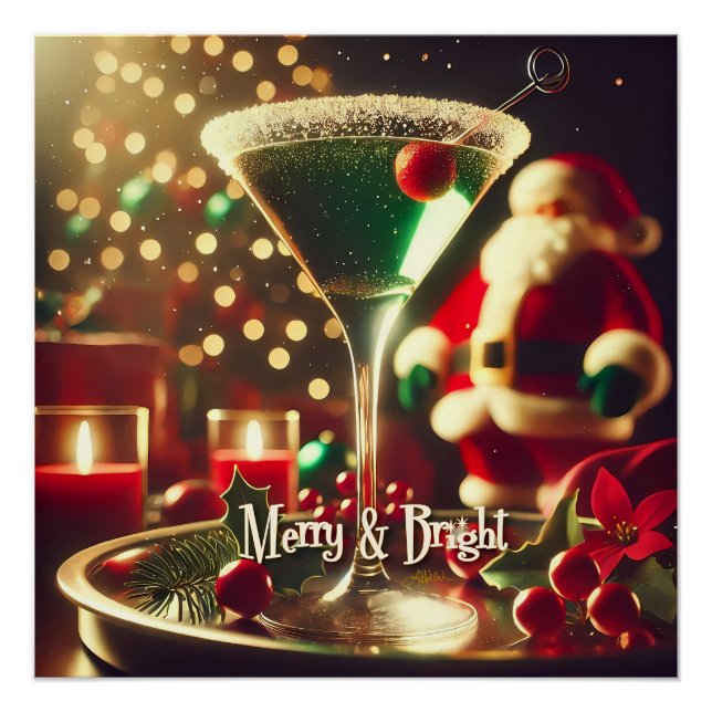Póster Retro 50s Santa Christmas Green Martini (Frente)