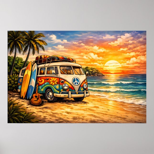 Poster Retro 60s Hippie Beach Bus Sunset | Surf Van Life (Frente)