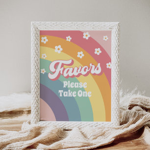 Poster Retro 70s Rainbow Daisy Birthday Sinal de Favorito