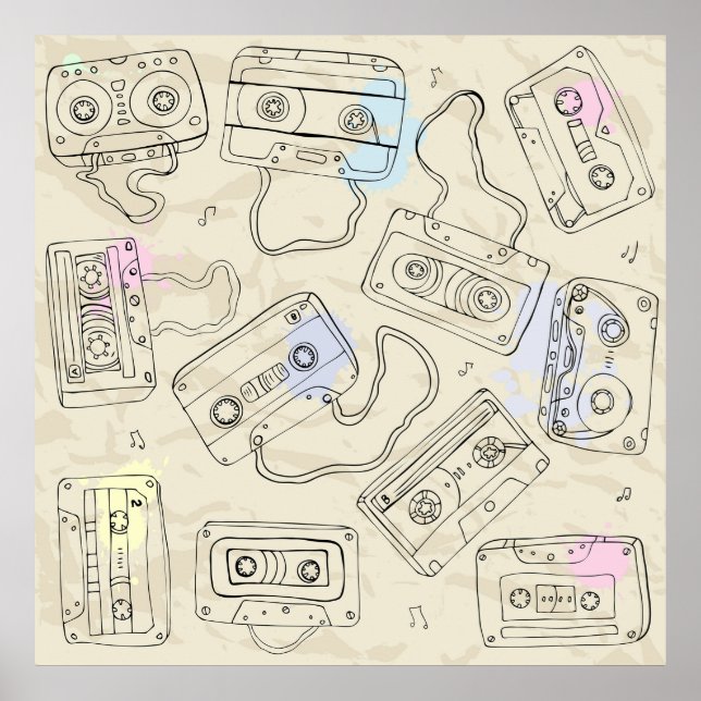 Poster Retro 80s 90s Nostalgic Cassette Mix Tape Pattern (Frente)
