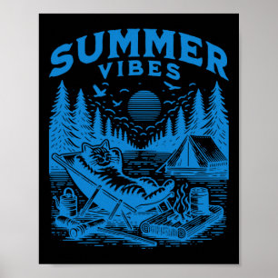 Poster Retro 90s Summer Vibes Cat Acampando Meme Gato Eng