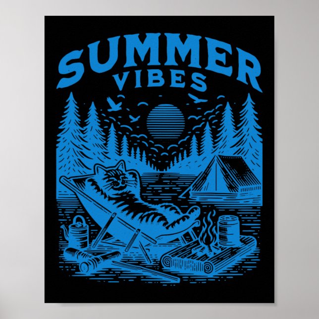 Poster Retro 90s Summer Vibes Cat Acampando Meme Gato Eng (Frente)
