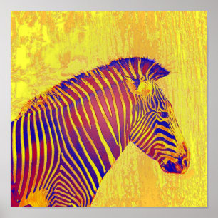 Póster retro amarelo e vermelho da zebra de néon