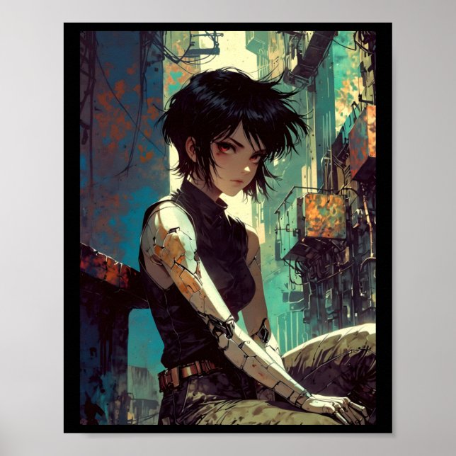 Poster Retro Anime Cyberpunk Girl Dystopian Future Warrio (Frente)