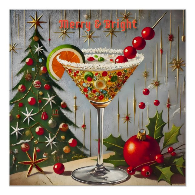 Póster Retro Anos 50 Coquetel de Doces de Natal Alegre e  (Frente)