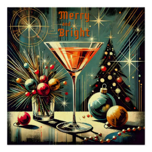 Póster Retro anos 50 Merry & Bright Christmas Martini