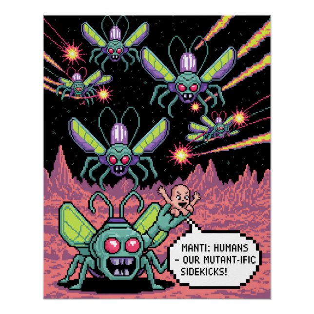 Póster Retro Arcade Manti Aliens Pixel Art - Funny Defend (Frente)
