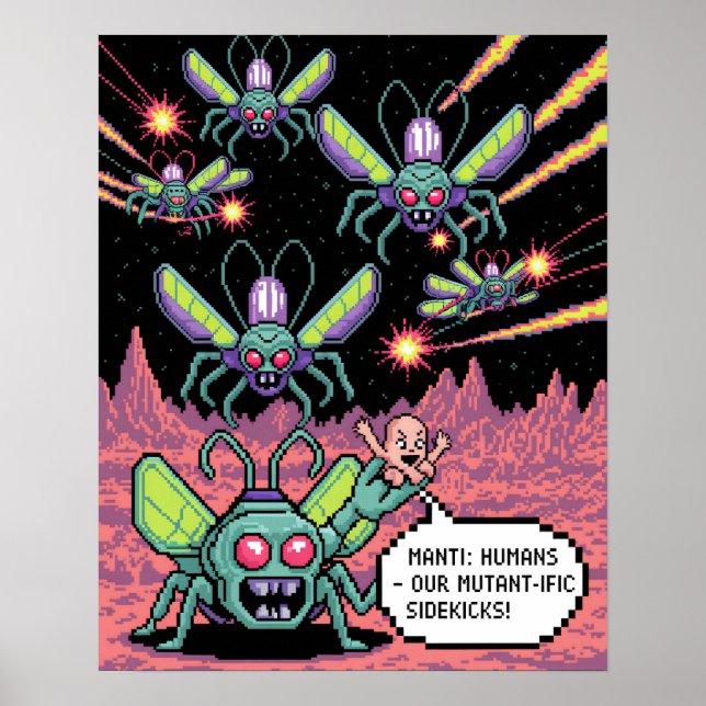 Poster Retro Arcade Manti Aliens Pixel Art - Funny Defend (Frente)
