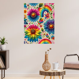 Poster Retro Arco-Íris Floral Hippie