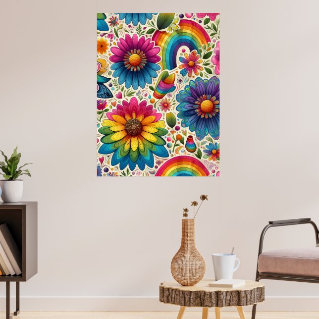 Poster Retro Arco-Íris Floral Hippie (Sala de Estar 3)