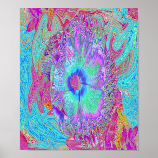 Poster Retro Arco-íris Psicodélico Flor-de-Hibisco Azul (Frente)