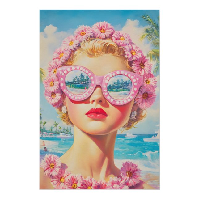 Póster Retro Beach Girl com óculos de sol florais (Frente)
