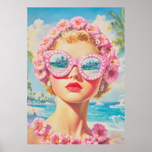 Poster Retro Beach Girl com óculos de sol florais