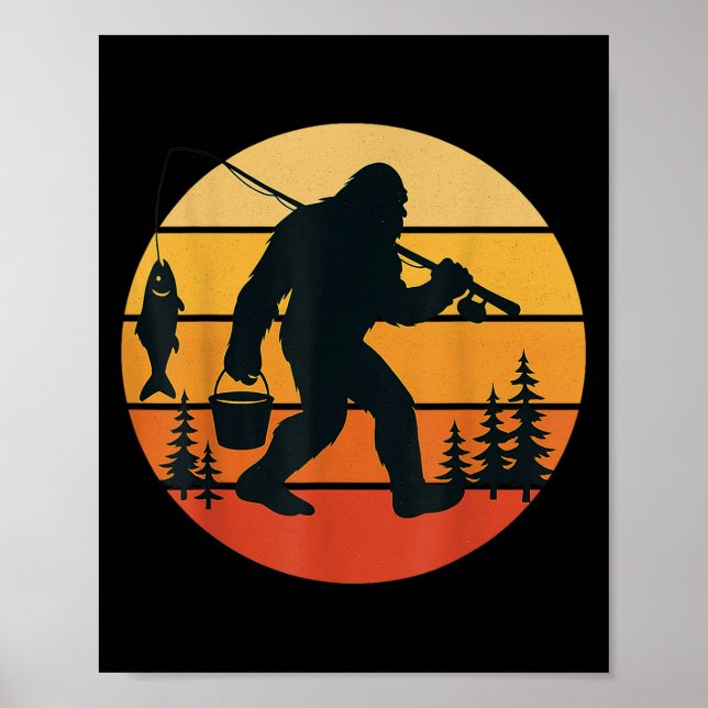 Poster Retro Bigfoot Sasquatch Pescar Presentes Engraçado (Frente)