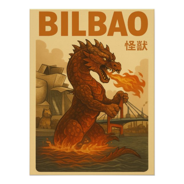 Póster Retro Bilbao Travel Poster - Spanish Kaiju Monster (Frente)