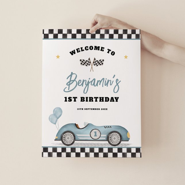Poster Retro Blue Race Car Fast One Birday Welcome (Criador carregado)