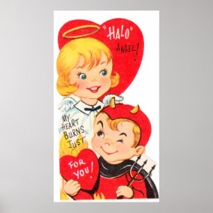 Poster retro bonito dos namorados do diabo do anjo