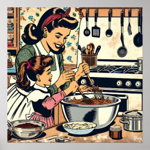 Poster Retrô Bonito Mãe e Filha Batendo Juntos