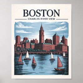 Poster Retro Boston Sailboat Massachusetts Skyline Viagem