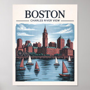 Poster Retro Boston Sailboat Massachusetts Skyline Viagem