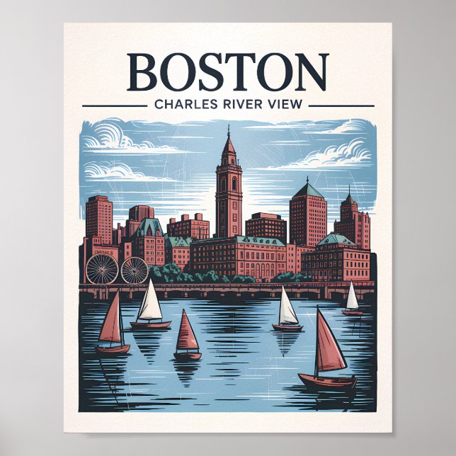 Poster Retro Boston Sailboat Massachusetts Skyline Viagem (Frente)