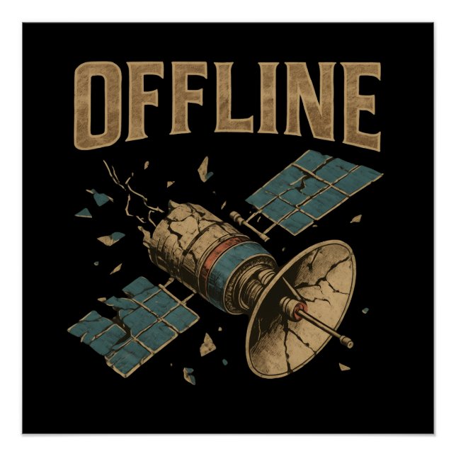 Póster Retro Broken Satellite "OFFLINE" Space Art (Frente)
