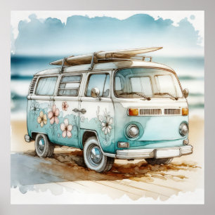 Poster Retro Campervan com Flores Hippie e Surfboard
