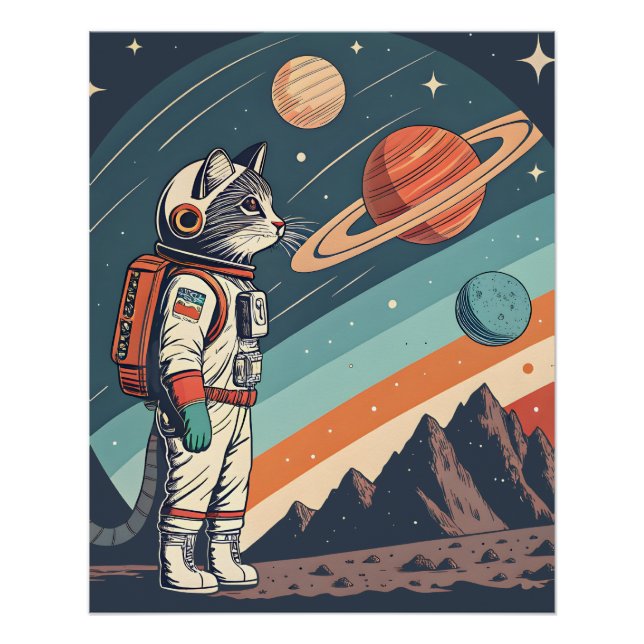 Póster Retro Cat Astronaut Cosmic Space Illustration (Frente)