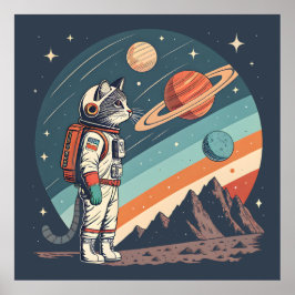 Poster Retro Cat Astronaut Cosmic Space Illustration