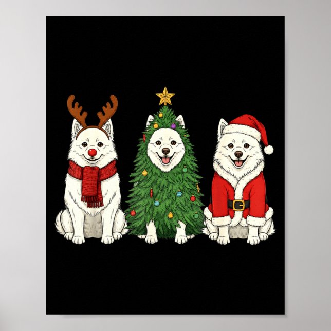 Poster Retro Christmas American Eskimo Dog Santa Reindeer (Frente)