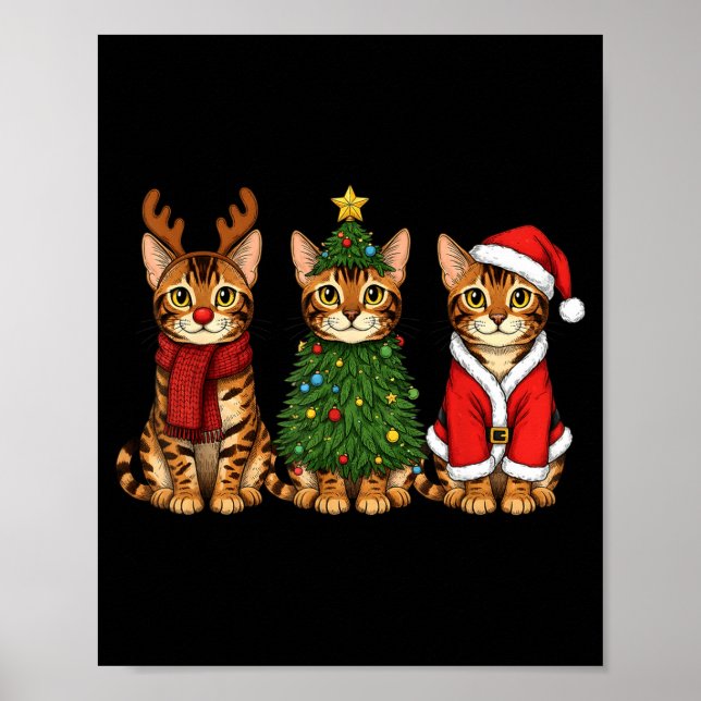 Poster Retro Christmas Bengal Cat Santa Reindeer  (Frente)