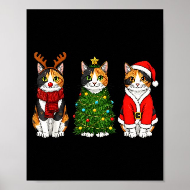 Poster Retro Christmas Calico Cat Santa Reindeer  (Frente)