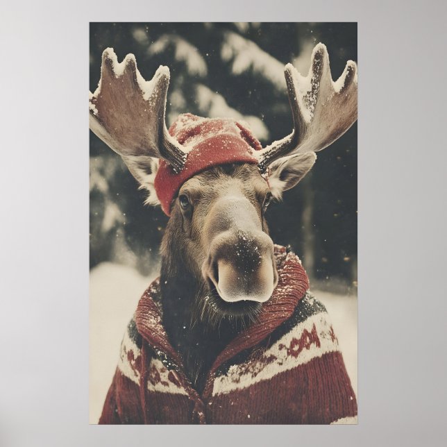 Poster Retro Christmas Moose Art Print, Holiday Wall (Frente)
