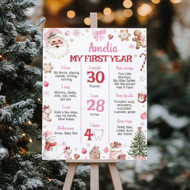 Poster Retro Christmas Pink Santa Birthday Milestone Sign (Criador carregado)