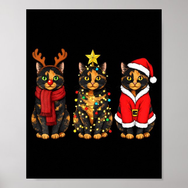 Poster Retro Christmas Tortoiseshell Cat Santa Reindeer  (Frente)