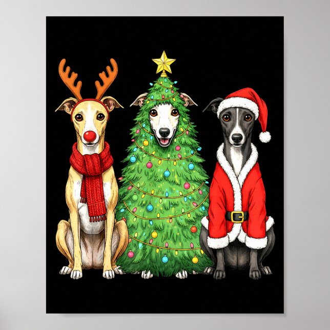 Poster Retro Christmas Whippet Santa Reindeer Dog Lover  (Frente)