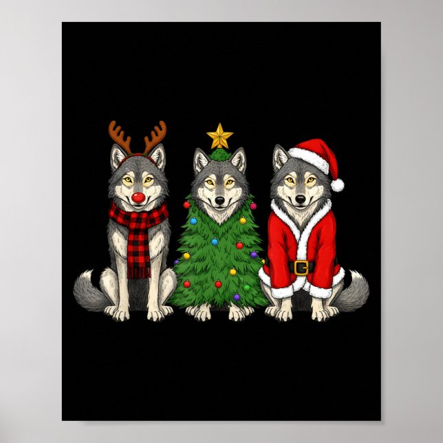 Poster Retro Christmas Wolf Santa Reindeer  (Frente)