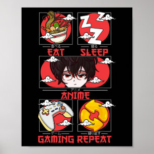 Poster Retro Comer Dormir Anime Jogos Repetir Kawaii Anim